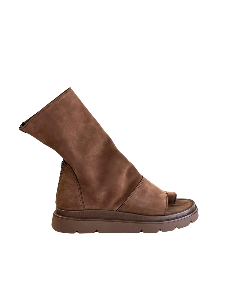 Sandali Platform a Stivaletto Infradito in Nabuk Cioccolato Wide Pianta Larga
