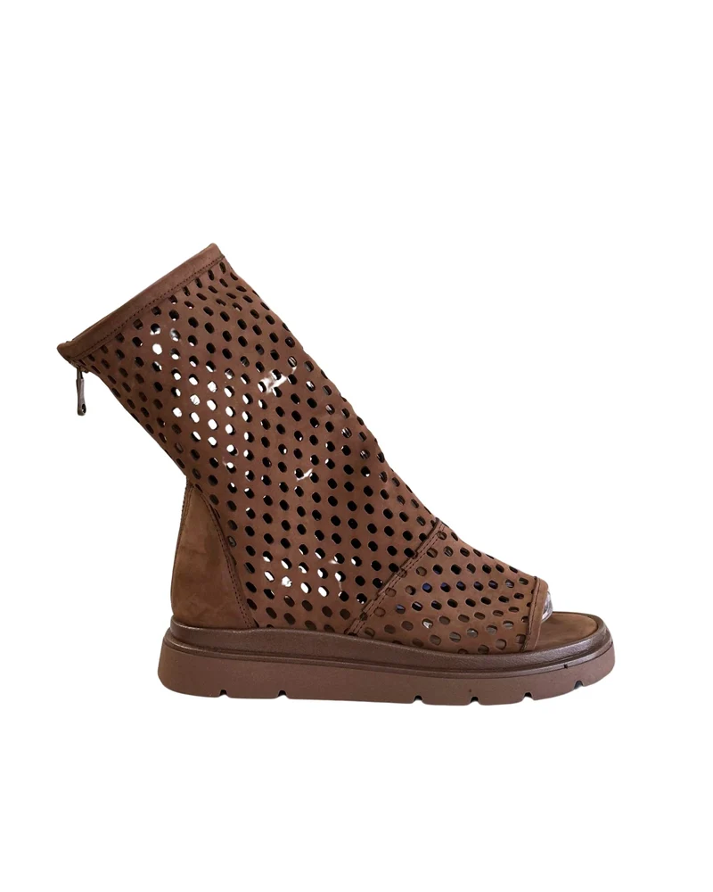 Sandali Platform a Stivaletto con Piede Spuntato Nappa Morbida Traforati Cioccolato