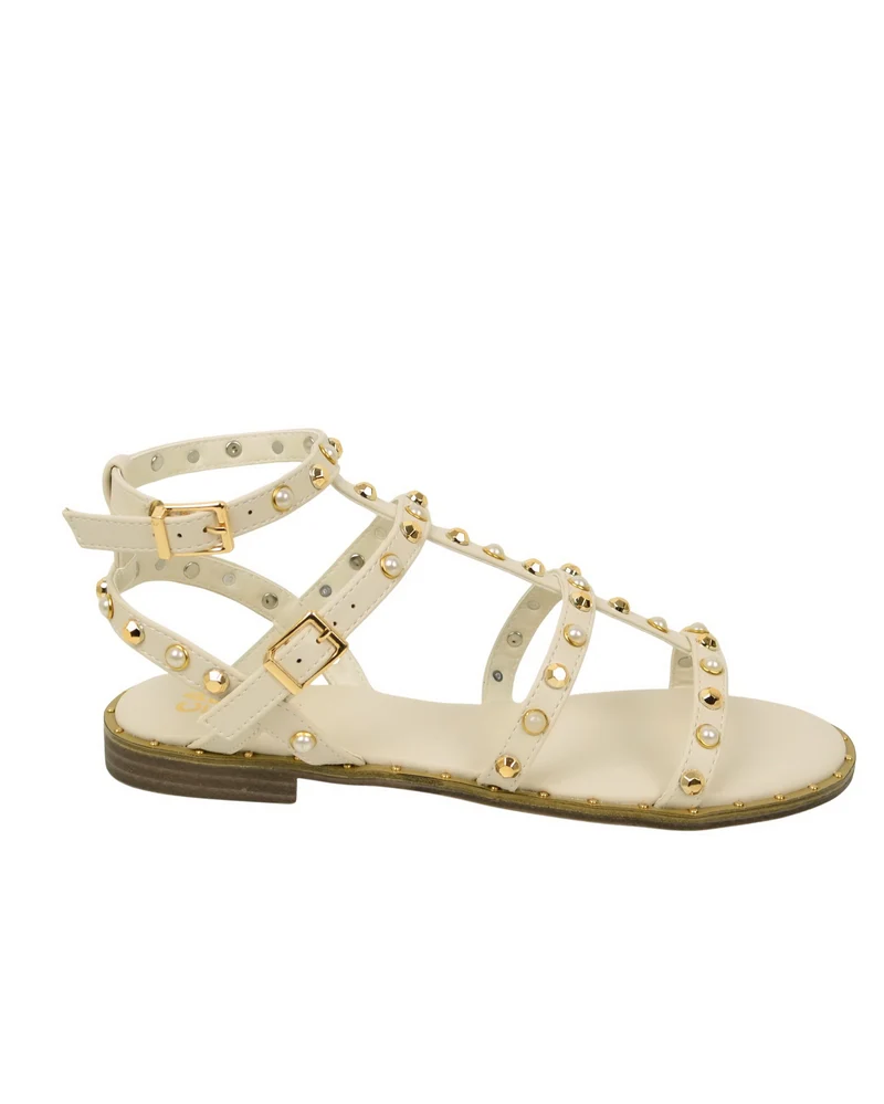 Sandali con Pietre Borchie Greek Similpelle Bianchi Borchie Oro