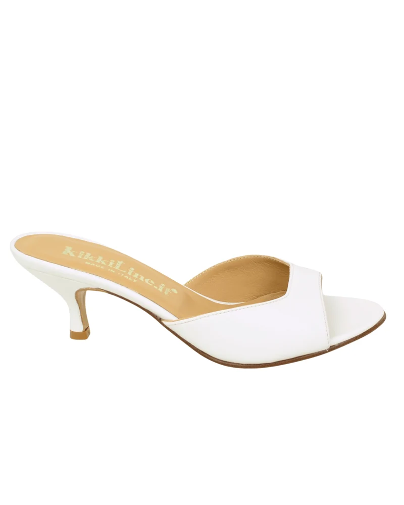 Ciabattine Bianche Sandali in Vera Pelle con Tacco Kitten Fondo Vero Cuoio