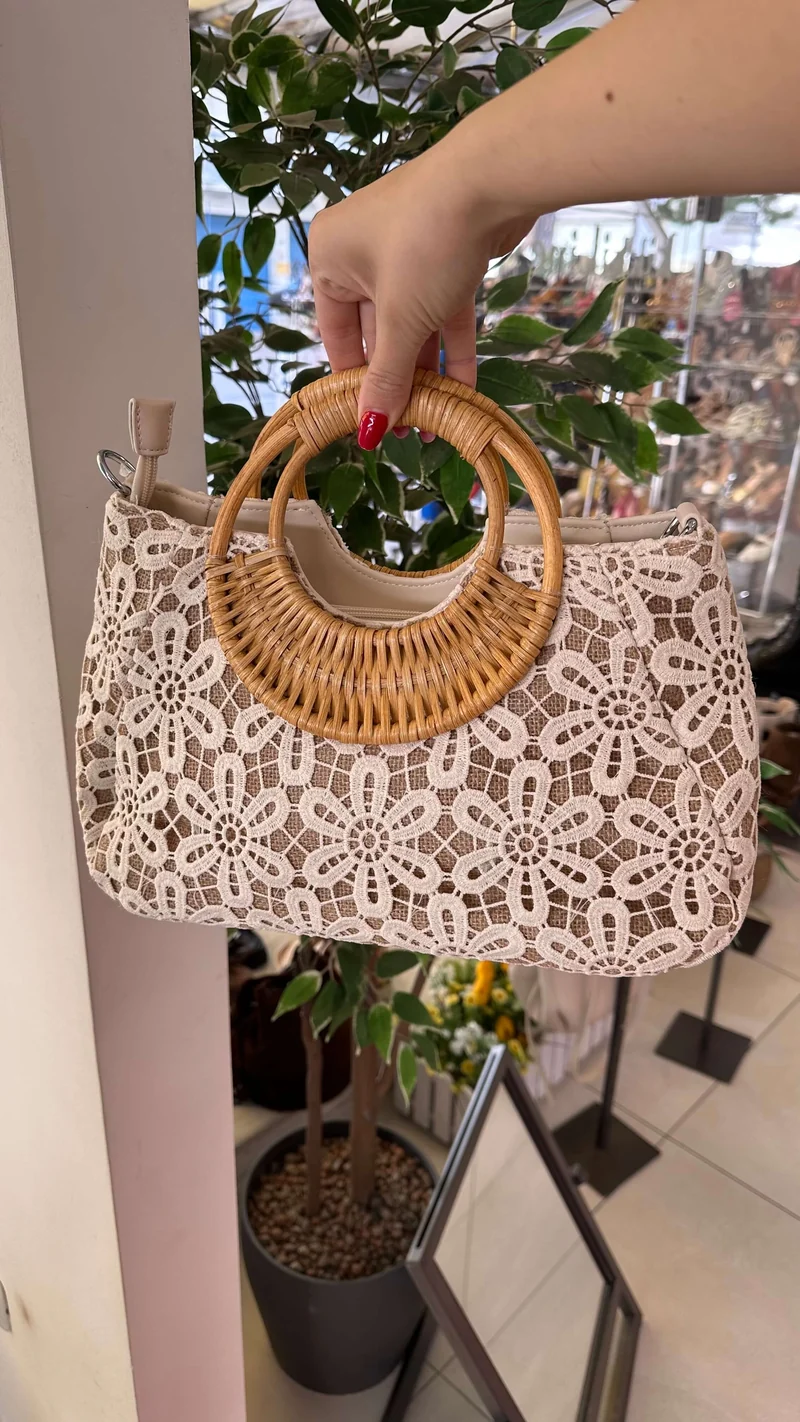 Borsa Paglia e Pizzo Fiori Similpelle con Tracolla All'interno