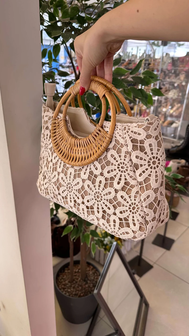 Borsa Paglia e Pizzo Fiori Similpelle con Tracolla All'interno