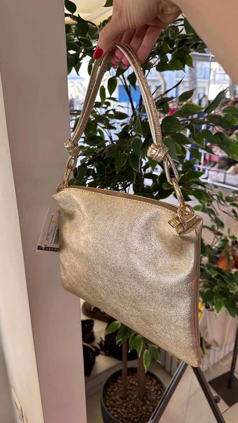 Borsa a Busta in Vera Pelle Platino con Anelli Dorati Bustina con tracolla