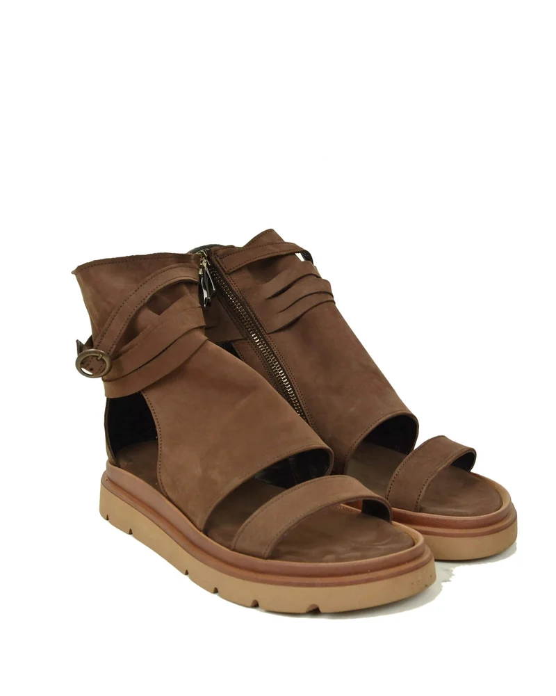 Sandali Platform a Stivaletto con Piede Spuntato Nabuk Terra Zip Laterale