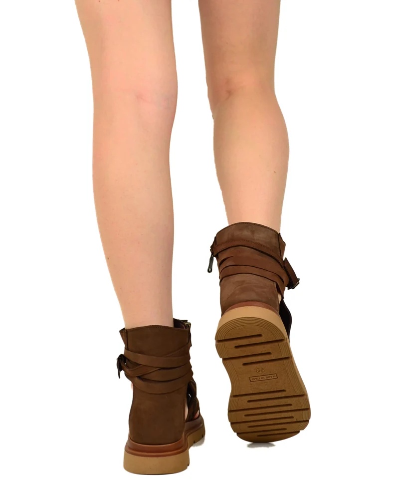 Sandali Platform a Stivaletto con Piede Spuntato Nabuk Terra Zip Laterale