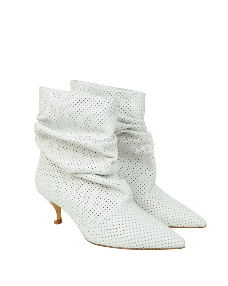 Stivaletti Slouchy Kitten Heels Tacco a Rocchetto Eleganti Vera Pelle Traforati Bianchi