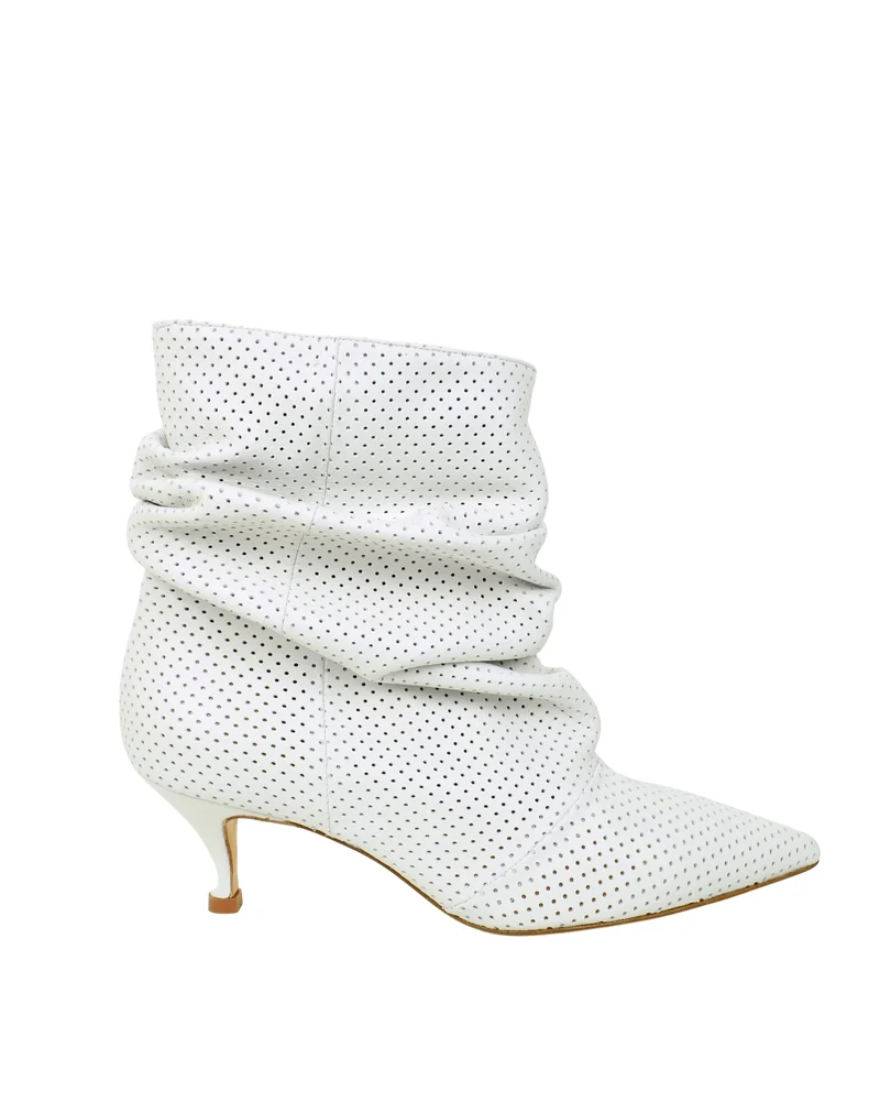Stivaletti Slouchy Kitten Heels Tacco a Rocchetto Eleganti Vera Pelle Traforati Bianchi