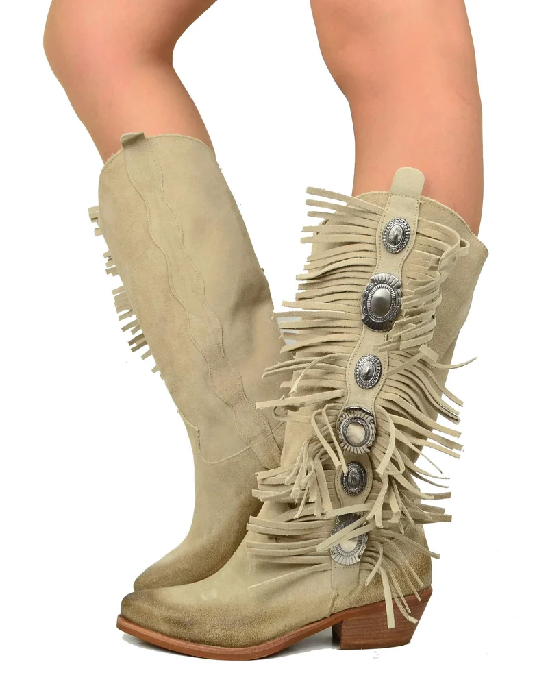Stivali con Frange in Pelle Scamosciata Borchie Taupe Tacco 4 Centimetri