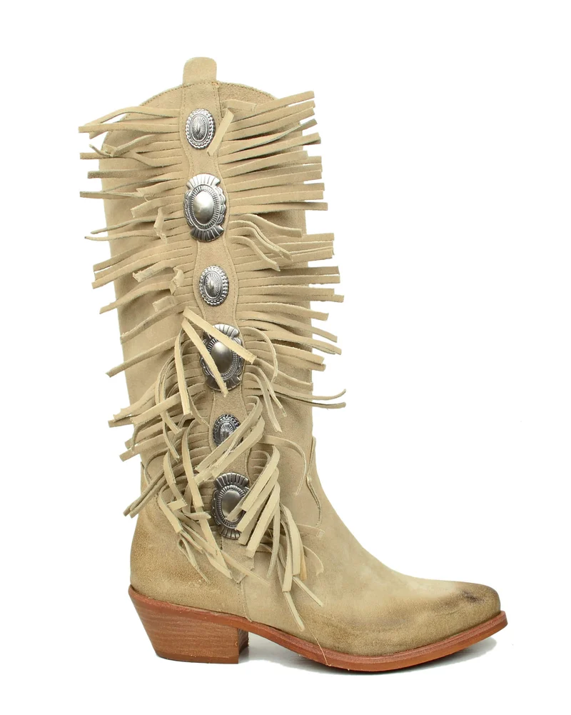 Stivali con Frange in Pelle Scamosciata Borchie Taupe Tacco 4 Centimetri
