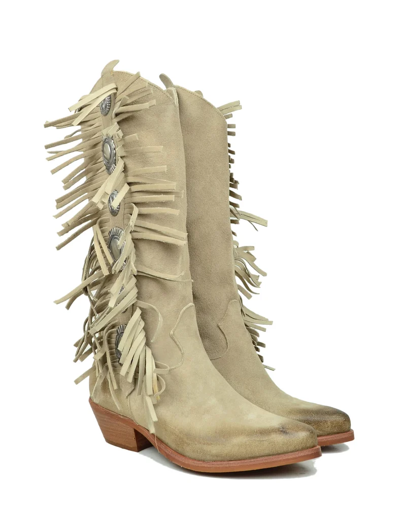Stivali con Frange in Pelle Scamosciata Borchie Taupe Tacco 4 Centimetri