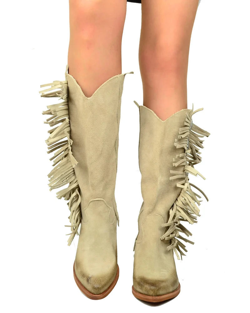 Stivali con Frange in Pelle Scamosciata Borchie Taupe Tacco 4 Centimetri