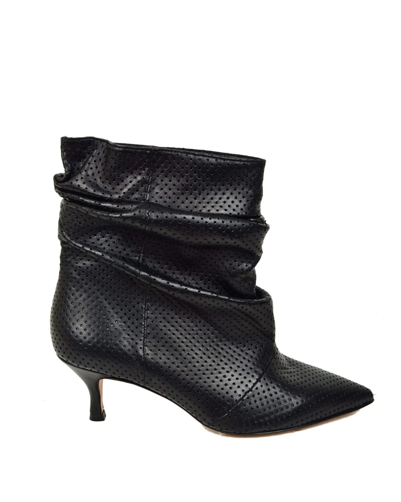 Stivaletti Slouchy Kitten Heels Tacco a Rocchetto Eleganti Vera Pelle Traforati Neri