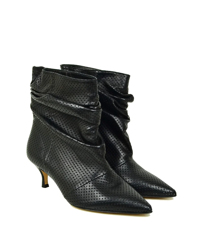 Stivaletti Slouchy Kitten Heels Tacco a Rocchetto Eleganti Vera Pelle Traforati Neri