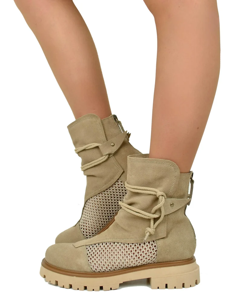 Stivali Anfibi Platform Underground Flat Rete Estivi Traforati Vera Pelle Beige
