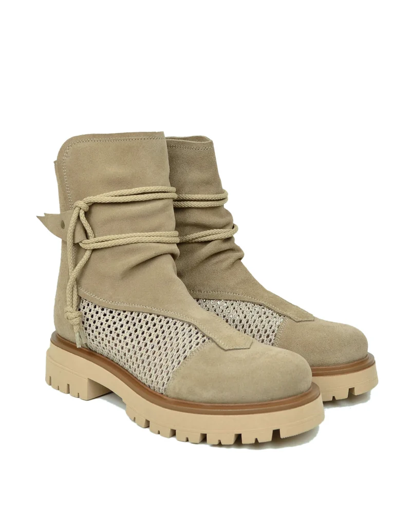 Stivali Anfibi Platform Underground Flat Rete Estivi Traforati Vera Pelle Beige
