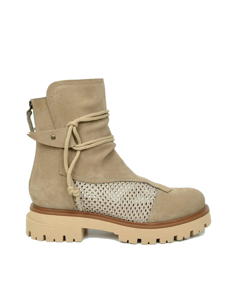 Stivali Anfibi Platform Underground Flat Rete Estivi Traforati Vera Pelle Beige