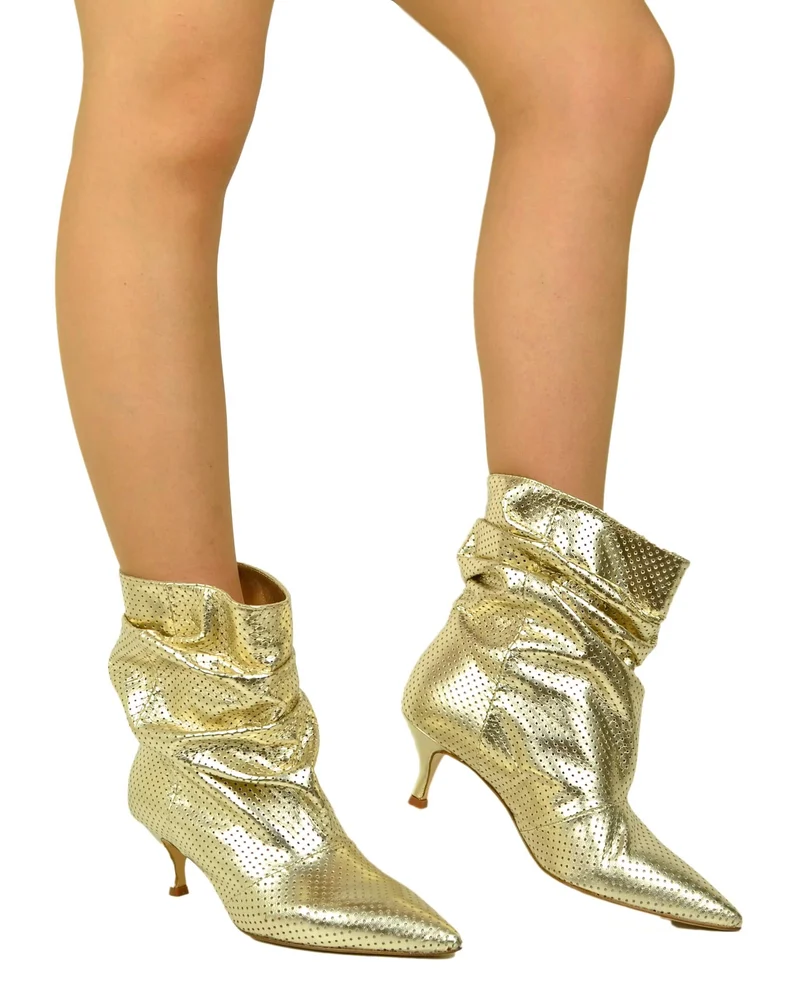 Stivaletti Slouchy Kitten Heels Tacco a Rocchetto Eleganti Vera Pelle Traforati Platino