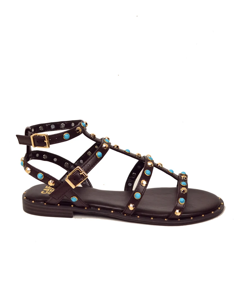 Sandali con Pietre Azzurre Greek Similpelle Marrone Scuro Borchie Oro