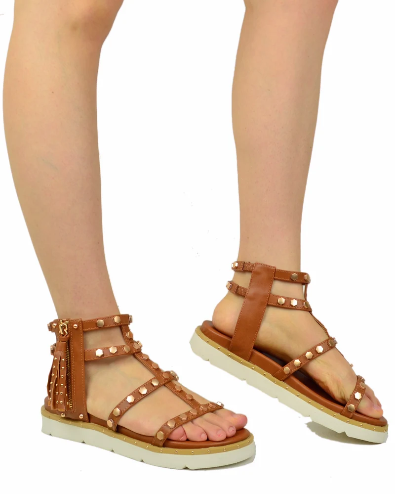 Sandali Borchiati Borchie e Strass Piramidali Platform Morbidi Similpelle Cuoio e Oro