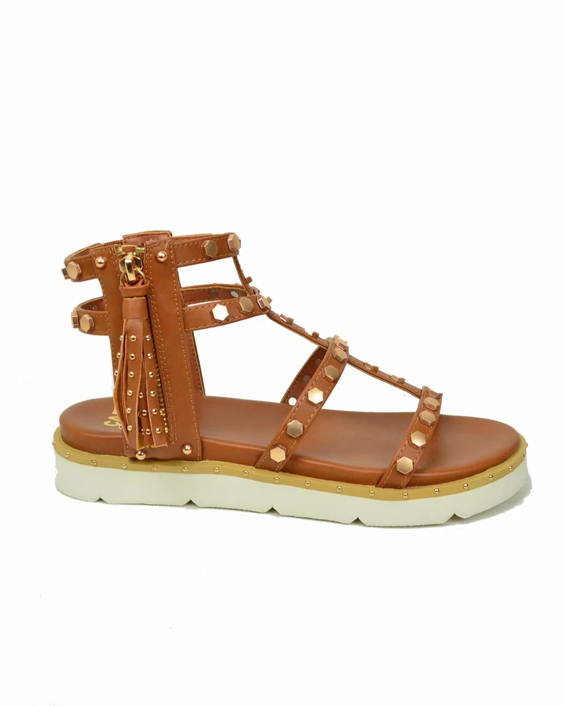 Sandali Borchiati Borchie e Strass Piramidali Platform Morbidi Similpelle Cuoio e Oro
