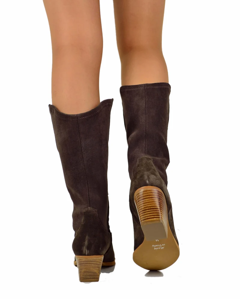 Stivali Texani GAMBALE LARGO Trapuntato Elasticizzati Scamosciati Cioccolato Fondente
