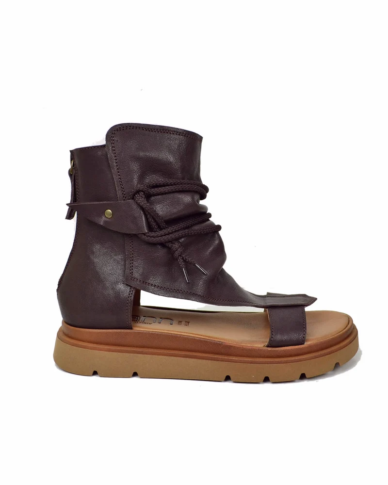 Sandali a Stivaletto Platform Basso Vera Pelle Pianta Comoda Marroni