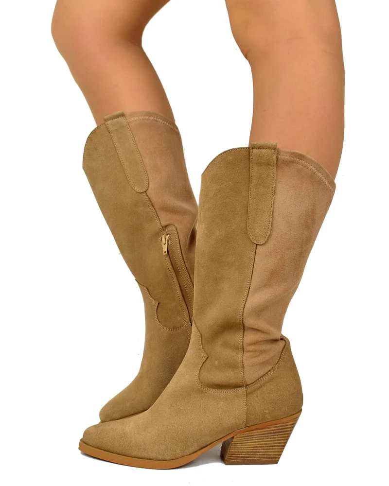 Stivali Texani GAMBALE LARGO Elasticizzati Vera Pelle Scamosciata e Lycra Camel