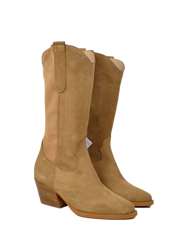 Stivali Texani GAMBALE LARGO Elasticizzati Vera Pelle Scamosciata e Lycra Camel