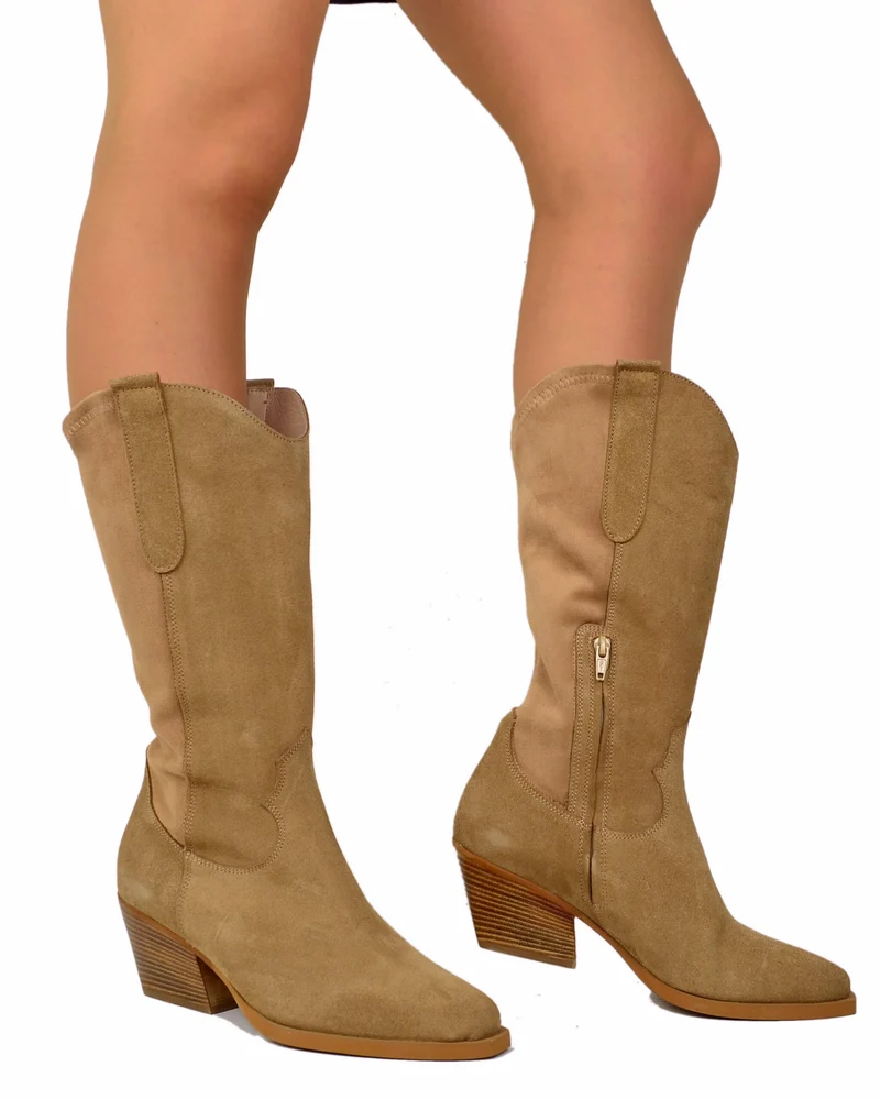 Stivali Texani GAMBALE LARGO Elasticizzati Vera Pelle Scamosciata e Lycra Camel