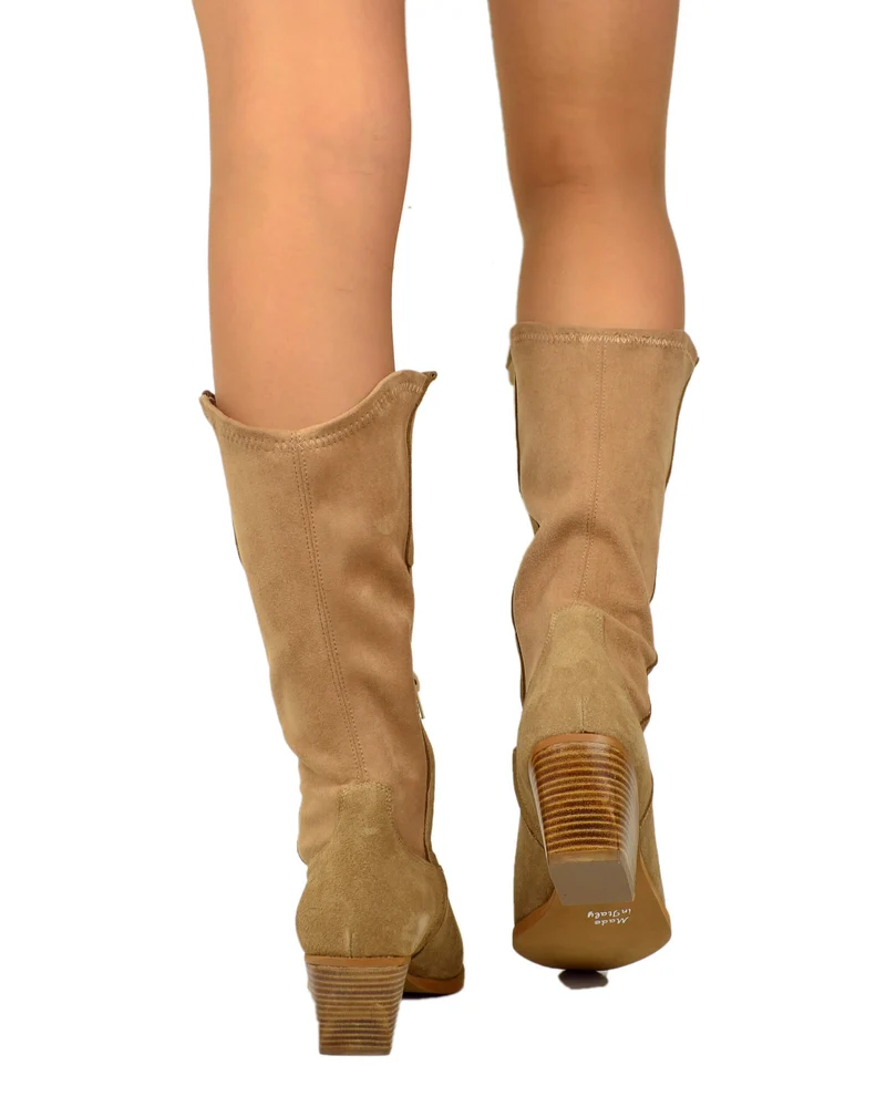 Stivali Texani GAMBALE LARGO Elasticizzati Vera Pelle Scamosciata e Lycra Camel
