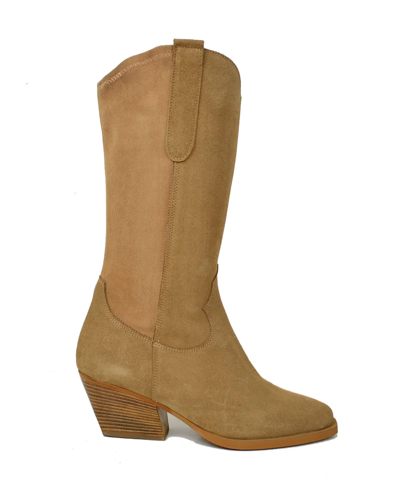 Stivali Texani GAMBALE LARGO Elasticizzati Vera Pelle Scamosciata e Lycra Camel