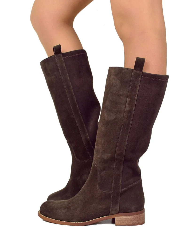 Stivali Cavallerizza per polpacci Curvy suola leggera Gambale Largo Camoscio Cioccolato