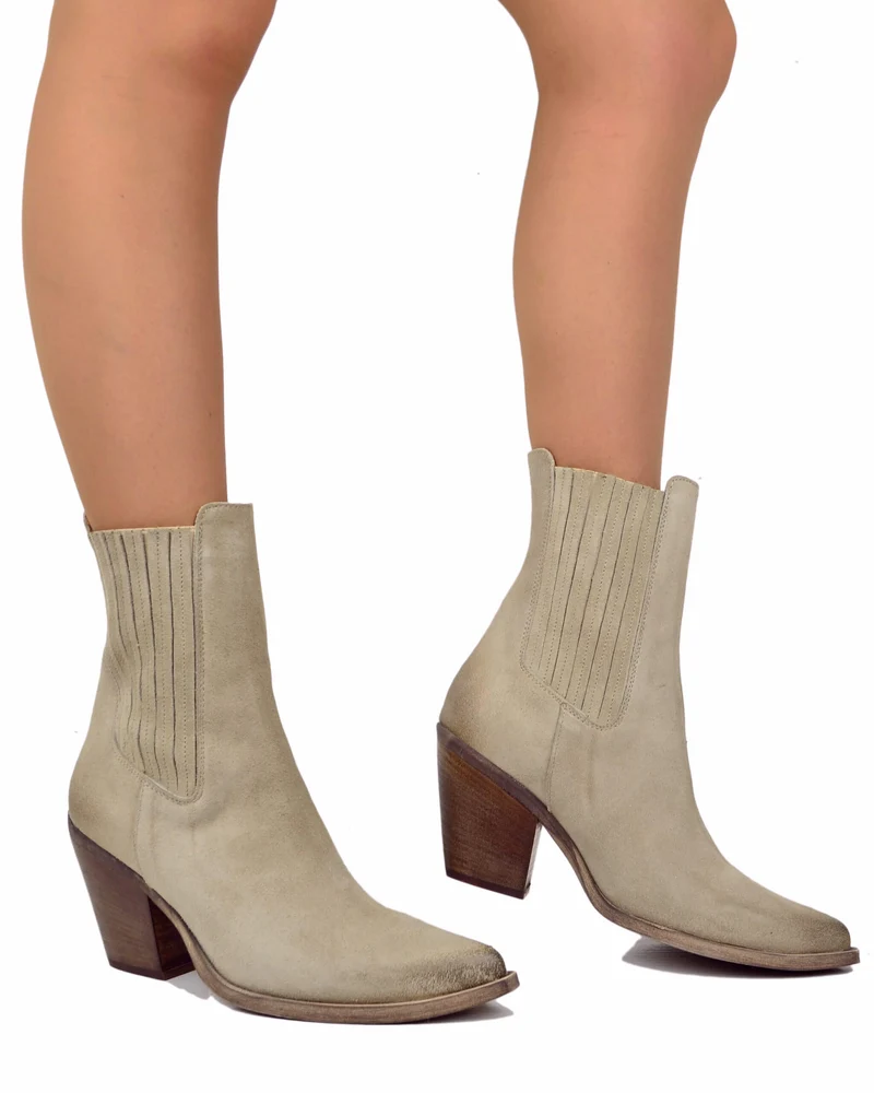Texani Chelsea Elasticizzati Tacco Alto 8 Cm Vera Pelle Scamosciata Sand