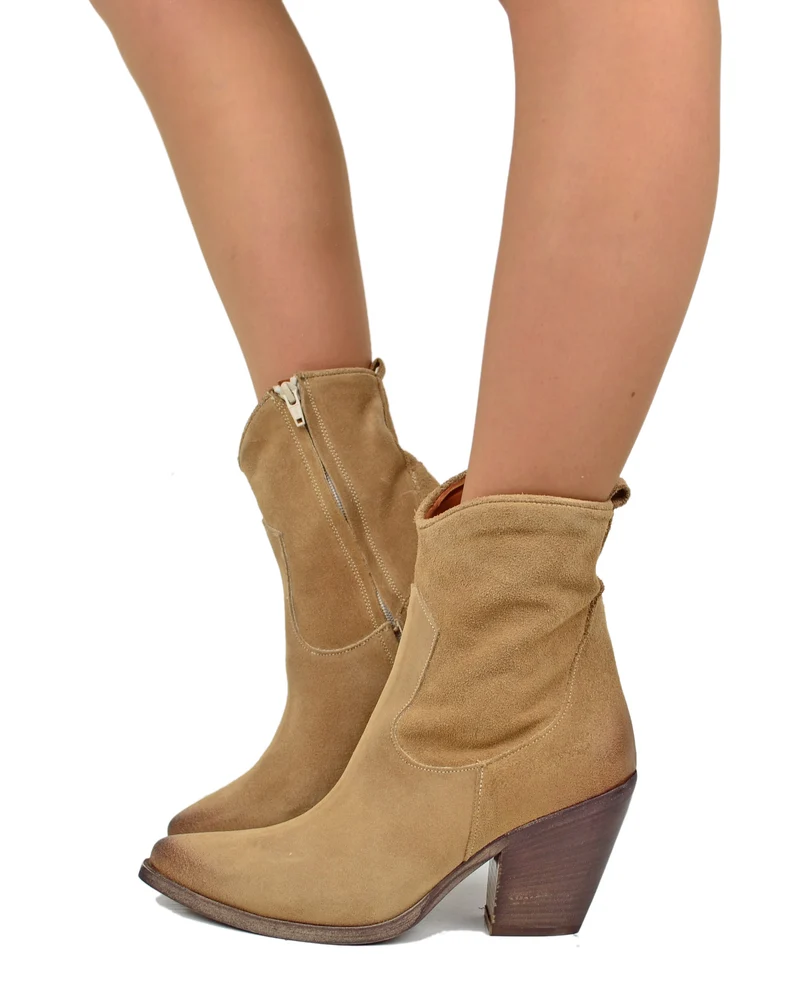 Stivaletti Estivi alla Caviglia Tacco 9 cm Leggeri Pelle Scamosciata Camel
