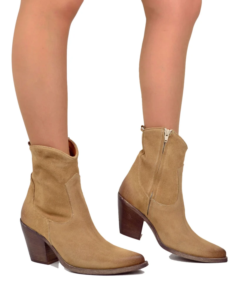 Stivaletti Estivi alla Caviglia Tacco 9 cm Leggeri Pelle Scamosciata Camel