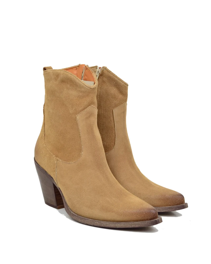 Stivaletti Estivi alla Caviglia Tacco 9 cm Leggeri Pelle Scamosciata Camel