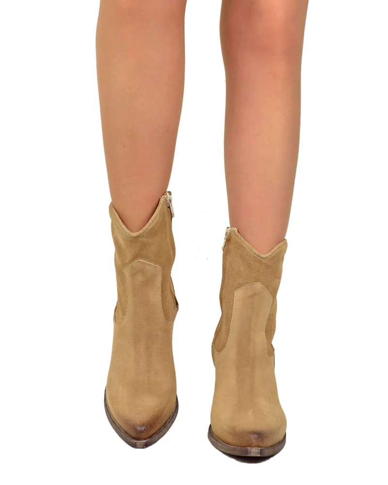 Stivaletti Estivi alla Caviglia Tacco 9 cm Leggeri Pelle Scamosciata Camel
