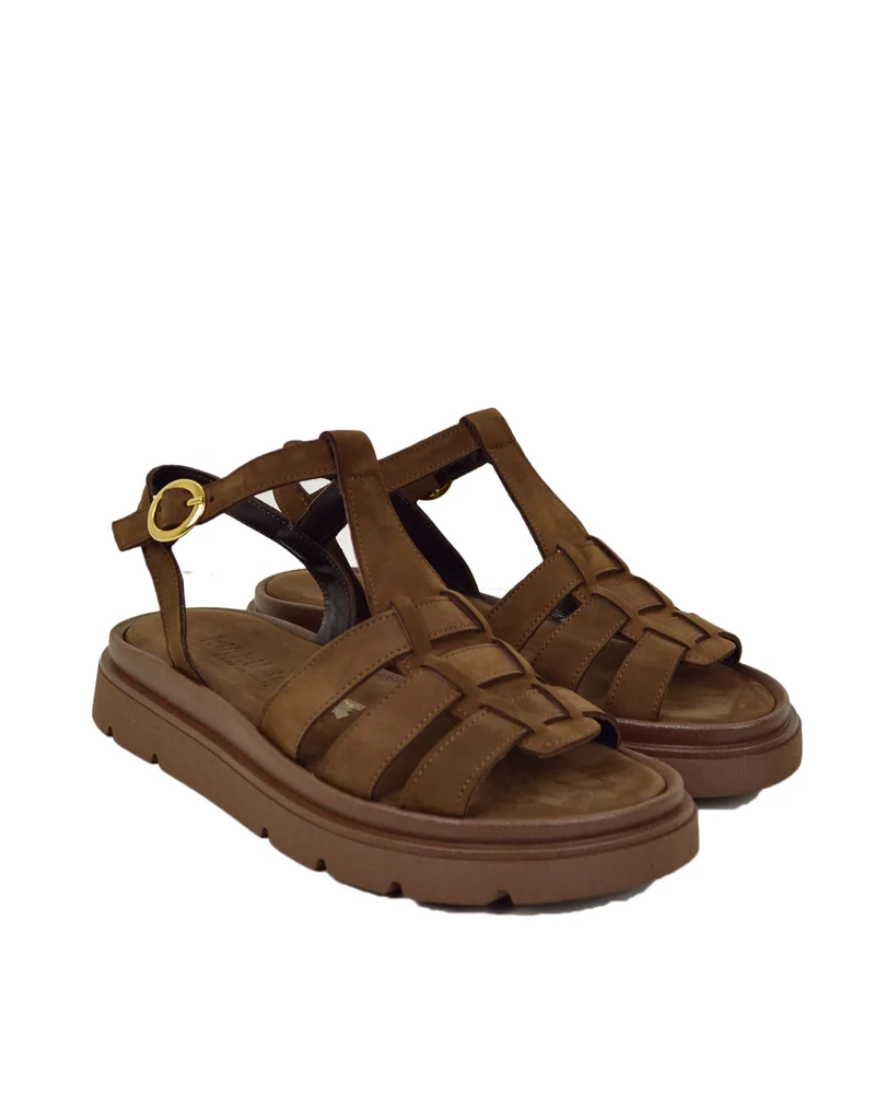 Sandali a Ragnetto in Vera Pelle con Platform Pianta Larga Cioccolato