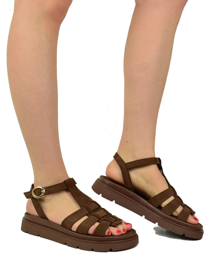 Sandali a Ragnetto in Vera Pelle con Platform Pianta Larga Cioccolato