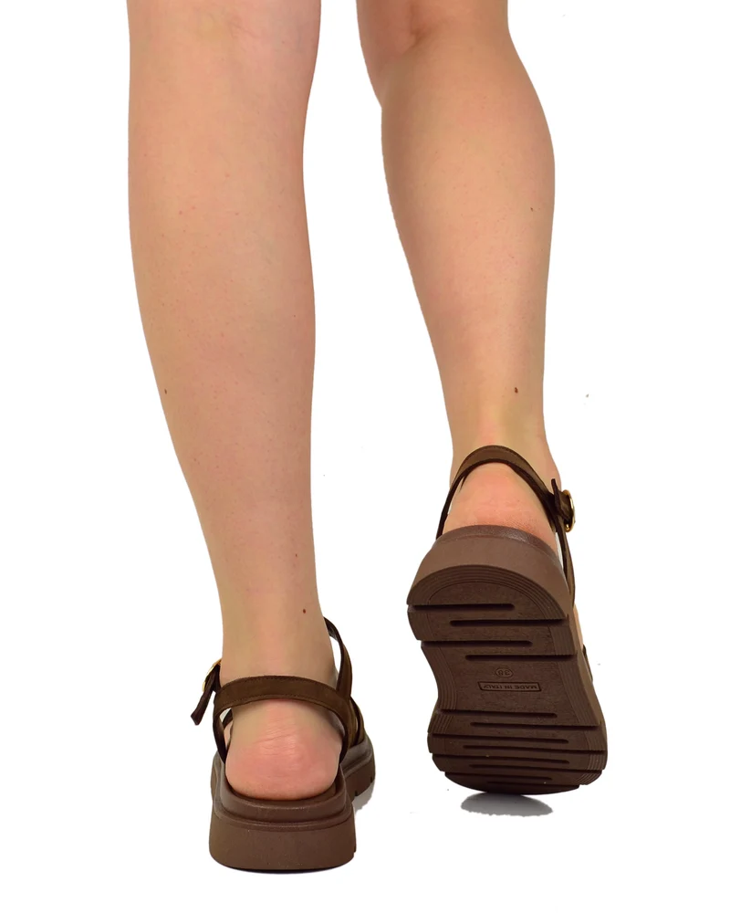 Sandali a Ragnetto in Vera Pelle con Platform Pianta Larga Cioccolato