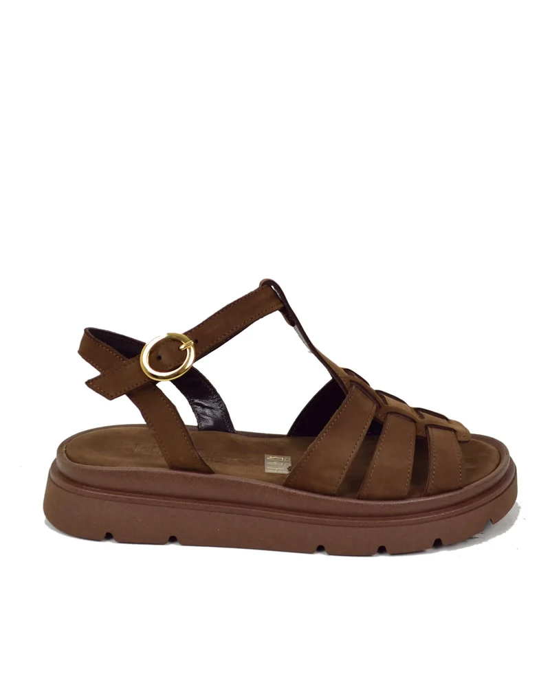 Sandali a Ragnetto in Vera Pelle con Platform Pianta Larga Cioccolato