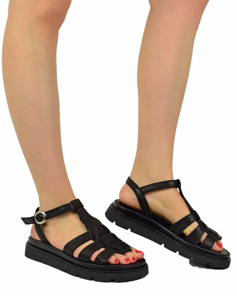 Sandali a Ragnetto in Vera Pelle con Platform Pianta Larga Neri