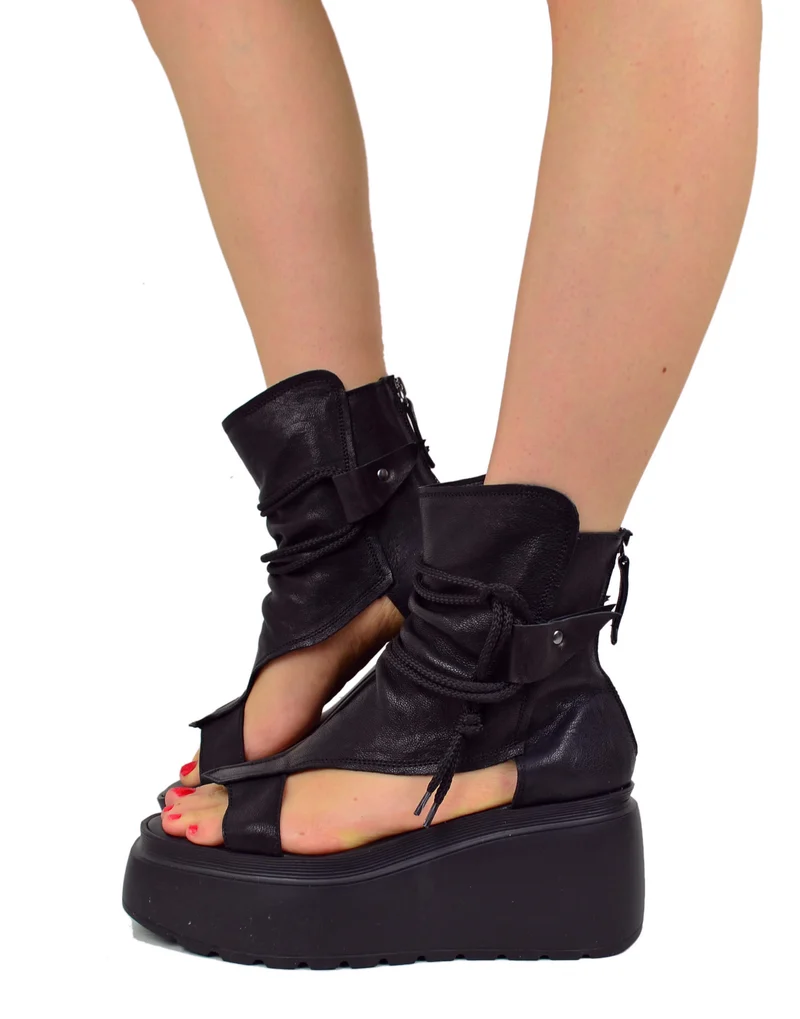 Sandali a Stivaletto Platform 8 cm Vera Pelle Pianta Larga Neri