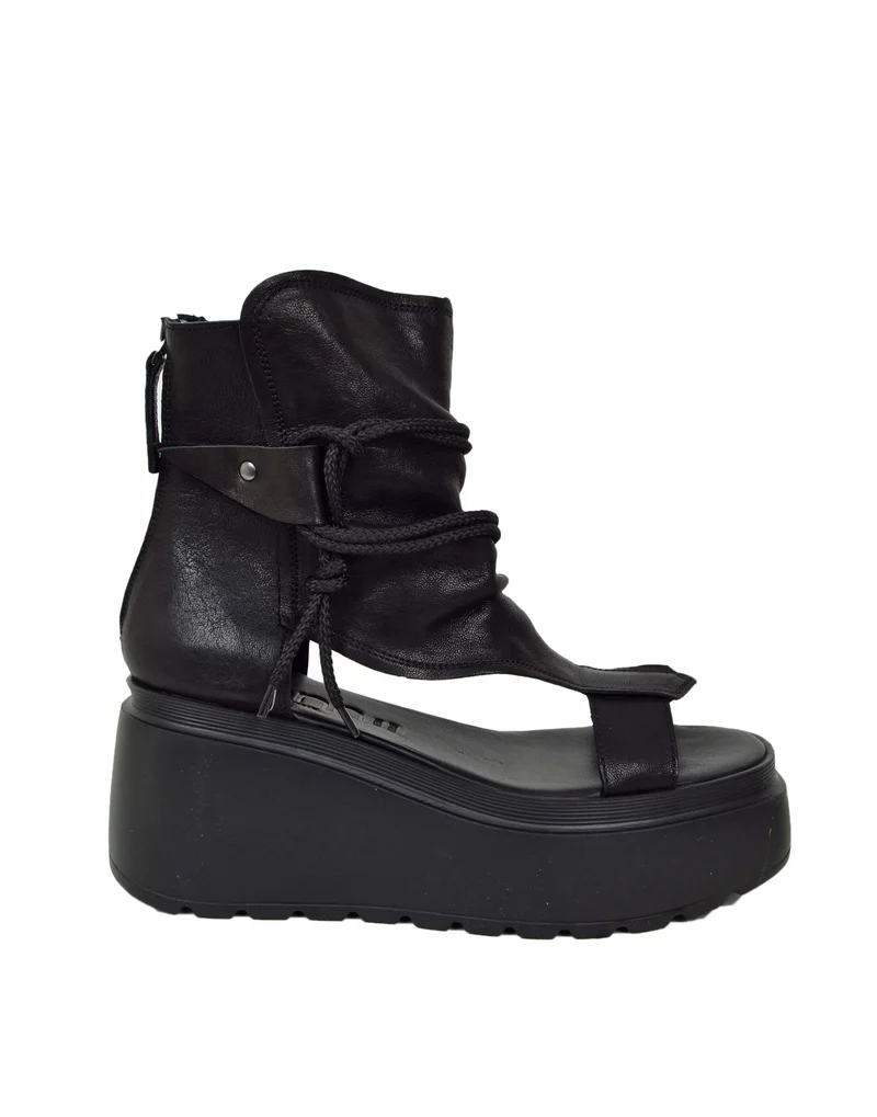 Sandali a Stivaletto Platform 8 cm Vera Pelle Pianta Larga Neri