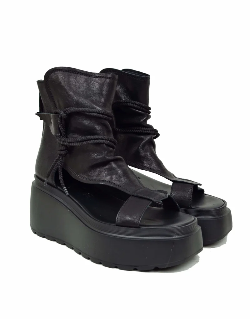 Sandali a Stivaletto Platform 8 cm Vera Pelle Pianta Larga Neri