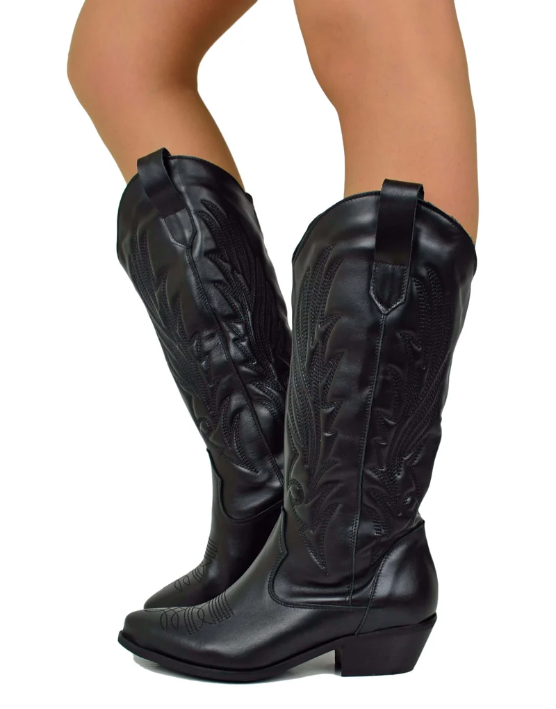 Stivali Alti Texani Trapuntati Vera Pelle Tacco 4 cm Neri Total Black