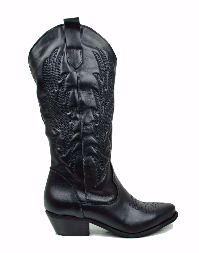 Stivali Alti Texani Trapuntati Vera Pelle Tacco 4 cm Neri Total Black
