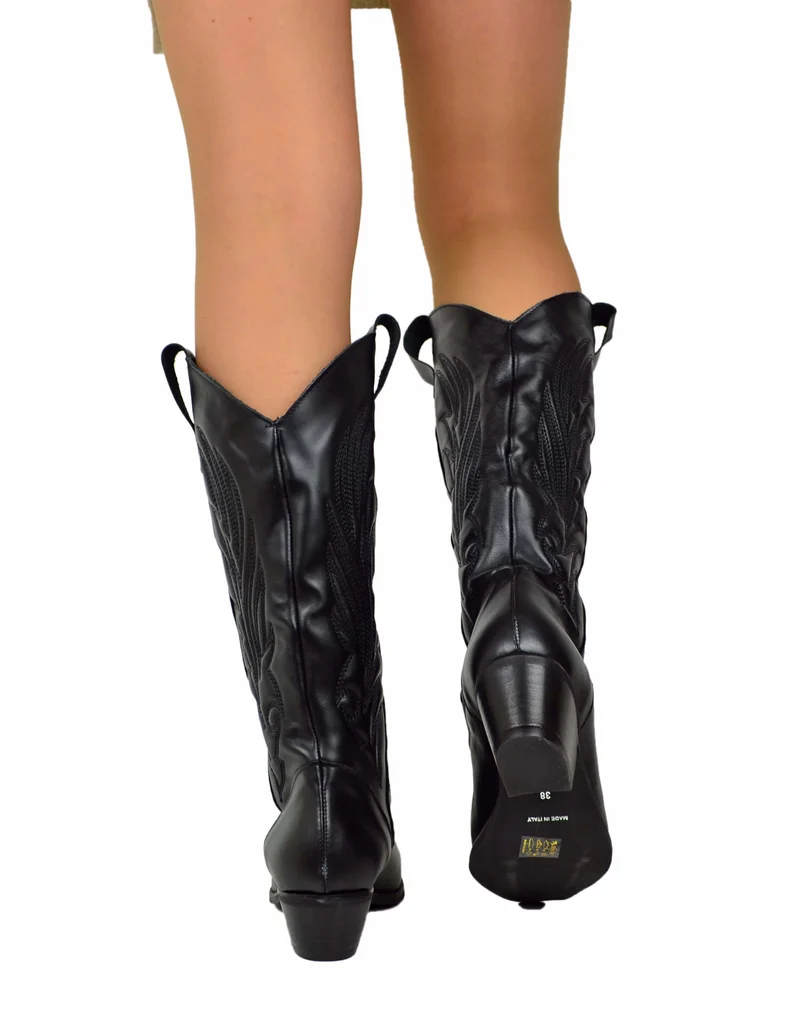 Stivali Alti Texani Trapuntati Vera Pelle Tacco 4 cm Neri Total Black