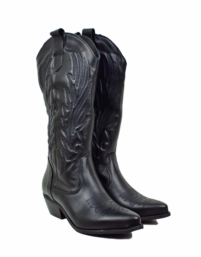 Stivali Alti Texani Trapuntati Vera Pelle Tacco 4 cm Neri Total Black