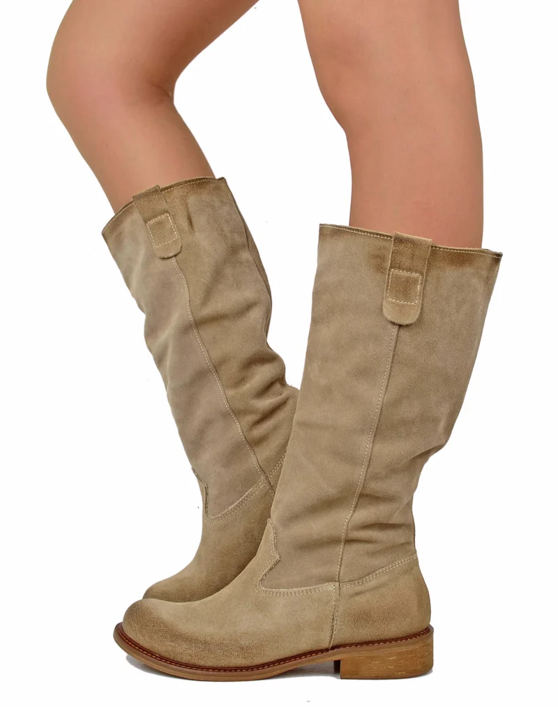 Stivali Biker Pelle Scamosciata Beige Morbido Suola Vero Cuoio